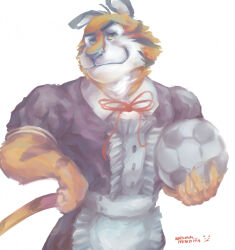  anthro ball bow_ribbon clothing digital_media_(artwork) digital_painting_(artwork) eyebrows felid frosted_flakes hand_on_hip hi_res holding_object kellogg&#039;s maid_uniform male mammal mascot nhymm_hundha orange_body pantherine raised_eyebrow simple_background smile solo striped_body stripes tail tiger tony_the_tiger uniform white_background 