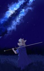  absurd_res albino anthro canid canine canis cheetoeater cloak clothing dionysus_(cheetoeater) galaxy grass hi_res holding_melee_weapon holding_object holding_sword holding_weapon looking_up male mammal melee_weapon night pink_nose plant portrait red_eyes sky skyscape solo star starscape sword weapon wolf 