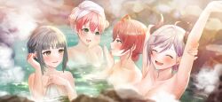  4girls :d absurdres ahoge armpits atelier_(series) atelier_escha_&amp;_logy atelier_resleriana bathing blush breasts broken_horn brown_hair closed_eyes demon_horns escha_malier game_cg green_eyes grey_hair hair_between_eyes hand_on_own_arm hand_up heidi_(atelier) highres horns large_breasts linca_(eighth)_(atelier) long_hair looking_at_another multicolored_hair multiple_girls non-web_source nude official_art onsen open_mouth outdoors pink_hair purple_hair red_hair short_hair smile steam stretching towel towel_on_head two-tone_hair upper_body valeria_(atelier) water 