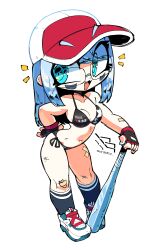  :3 bandaid bandaid_on_arm bandaid_on_knee bandaid_on_leg baseball_bat baseball_cap bikini birdblitz black_bikini black_gloves black_socks blue_eyes blue_hair blush_stickers breasts cleavage commentary eyebrows_visible_through_hat female fingerless_gloves gloves halterneck hand_on_own_hip hat highres kneehighs light_blue_hair medium_breasts medium_hair oerba_yun_fang open_mouth original peanut_(birdblitz) red_hat shoes side-tie_bikini_bottom smile sneakers socks solo straight_hair string_bikini swimsuit symbol-only_commentary white_footwear 