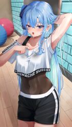  arm_behind_head arm_up black_shorts blue_eyes blue_hair blue_ribbon blush character_name clothes_writing copyright_name covered_navel crop_top female hair_ribbon highres hiiragi_melt hololive hololive_dance_practice_uniform hoshimachi_suisei leotard leotard_under_clothes long_hair official_alternate_costume one_side_up open_mouth ribbon shorts star_(symbol) star_in_eye sweat symbol_in_eye very_long_hair virtual_youtuber 