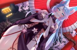  380_(artist) animal_ears bare_shoulders black_dress blue_hair blue_nails breasts cherry_blossoms chinese_knot clothing_cutout colored_tips cross-laced_clothes cross-laced_dress dress eyelashes female fingernails floral_print gradient_nails highres holding holding_umbrella indie_virtual_youtuber lantern large_breasts long_hair multicolored_hair oil-paper_umbrella pelvic_curtain pink_hair pink_nails sharp_fingernails silvervale silvervale_(sakura_goddess) smile solo star_(symbol) star_in_eye symbol_in_eye torii umbrella virtual_youtuber wide_sleeves wolf_ears wolf_girl 