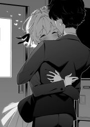  1boy ahoge blush character_request classroom closed_eyes female giuniu greyscale hair_intakes hair_ribbon hand_on_another&#039;s_head heart hug jacket long_sleeves monochrome novel_illustration official_art otoko_girai_na_bijin_shimai_wo_namae_mo_tsugezu_ni_tasuketara_ittai_dounaru? pants pleated_skirt ribbon school_uniform second-party_source shinjou_aina_(otomai) short_hair skirt smile 