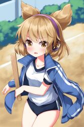  alternate_costume blue_buruma blue_jacket blush brown_eyes buruma commentary_request earmuffs female gym_shirt gym_uniform highres holding_baton jacket light_brown_hair long_sleeves open_mouth pointy_hair puffy_short_sleeves puffy_sleeves ruu_(tksymkw) shirt short_sleeves solo touhou toyosatomimi_no_miko upper_body white_shirt 