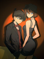  1boy alternate_costume ass bare_shoulders black_hair black_jacket black_pants blue_eyes bow bowtie brown_eyes closed_mouth commentary dress english_commentary female formal hair_between_eyes hand_in_pocket highres jacket jewelry kudou_shin&#039;ichi long_sleeves looking_at_viewer meitantei_conan miyano_shiho necklace open_clothes open_jacket pants pearl_necklace pocket red_bow red_bowtie smile strapless strapless_dress suit usagi_ringo 