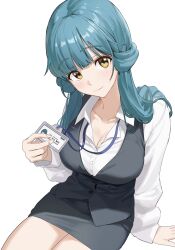  blue_hair blunt_bangs breasts bypos cleavage closed_mouth collar collarbone collared_shirt cowboy_shot dot_nose female hair_over_shoulder hand_on_ground highres holding_id_card id_card idolmaster idolmaster_million_live! idolmaster_million_live!_theater_days kitakami_reika large_breasts light_blush light_smile long_hair long_sleeves looking_at_viewer miniskirt office_lady shirt simple_background sitting skirt solo straight_hair twintails white_background white_collar yellow_eyes 