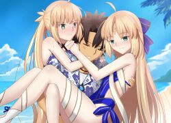  1boy absurdres ahoge artoria_caster_(fate) artoria_caster_(swimsuit)_(fate) artoria_caster_(swimsuit)_(first_ascension)_(fate) artoria_caster_(swimsuit)_(third_ascension)_(fate) artoria_pendragon_(fate) bare_arms bare_legs bare_shoulders beach blue_ribbon blue_sky blush bow breasts closed_eyes closed_mouth cloud cloudy_sky fate/grand_order fate_(series) female fujimaru_ritsuka_(male) green_eyes hair_ribbon highres holding leotard long_hair longdq3008 multicolored_shirt multiple_girls ocean ribbon shirt sky small_breasts smile summer swimsuit twintails 