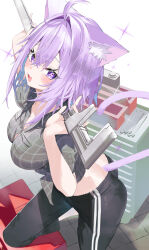  absurdres ahoge alternate_costume animal_ear_fluff animal_ears black_pants blush breasts cat_ears cat_girl commentary crop_top female grey_shirt highres holding holding_wrench hololive kamioka_shun&#039;ya large_breasts looking_at_viewer nail_polish nekomata_okayu pants purple_eyes purple_hair purple_nails shirt smile solo symbol-only_commentary toolbox virtual_youtuber wrench 