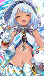  absurdres bare_shoulders blue_hair blue_hairband blue_headband blush body_markings braid breasts closed_eyes crop_top dark_skin female fingerless_gloves genshin_impact gloves hairband headband highres icedango_(dpopic3) light_blue_hair long_hair looking_at_viewer mualani_(genshin_impact) navel open_mouth red_eyes smile solo symbol-shaped_pupils white_hair 