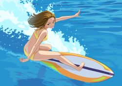  absurdres barefoot bikini breasts brown_hair commentary english_commentary feet female full_body green_eyes highres nap_on_a_cloud original solo surfboard surfing swimsuit toes tongue tongue_out water yellow_bikini 