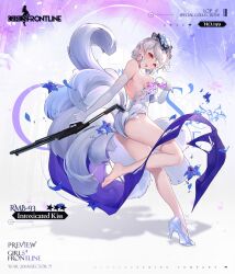  bison_cangshu blue_flower breasts copyright_name cup drinking_glass earrings elbow_gloves english_commentary fake_tail feet female flower girls&#039;_frontline gloves grey_hair gun high_heels highres holding holding_cup holding_gun holding_weapon jewelry leotard looking_at_viewer multiple_tails official_alternate_costume official_art open_mouth pump_action red_eyes rmb-93 rmb-93_(girls&#039;_frontline) rmb-93_(intoxicated_kiss)_(girls&#039;_frontline) second-party_source shoes short_hair shotgun soles solo spilling standing standing_on_one_leg tail toes tongue tongue_out torn_clothes torn_gloves torn_leotard weapon white_footwear white_gloves white_leotard 