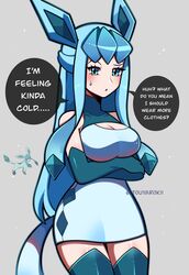  arms_crossed arms_under_breasts big_breasts cleavage curvy generation_4_pokemon glaceon glaceon_(cosplay) hourglass_figure humanized humanized_pokemon large_breasts looking_at_viewer pokemon pokemon_(cosplay) pokemon_dppt safe text thick_thighs touyarokii unamused wide_hips 