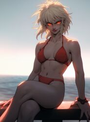  abs ai_generated beach bikini blonde_hair covered_breasts crossed_legs glowing_eyes hellsing midjourney nails red_eyes seras_victoria short_hair shoulder_length_hair sunset toned vampire 