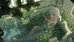  bandaged_arm bandaged_leg bandaged_torso bandages commentary_request female highres in_bathtub indoors nature original overgrown pen_(pixiv257621) red_eyes solo water white_hair 