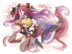  1boy 2025 :o ;d ahoge black_gloves blonde_hair blue_eyes breasts carrying carrying_under_arm cleavage commentary dragalia_lost dragon_girl dragon_horns dragon_tail ekra euden female fingerless_gloves full_body gloves hair_between_eyes happy_new_year heart high_heels horns large_breasts long_bangs long_hair looking_at_viewer mym_(dragalia_lost) oerba_yun_fang one_eye_closed open_mouth red_eyes red_gloves red_hair short_sleeves smile sweatdrop symbol-only_commentary tail thighhighs twitter_username very_long_hair w 