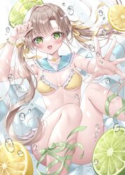  citrus_fruit lime necklace ribbon simple_background small_breasts submerged swimming swimsuit twintails underwater 