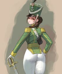  absurdres ass belt brown_eyes brown_hair cavalry_sword dragoon drill_hair epaulettes female hat highres hilt looking_back military_uniform mole mole_under_mouth original peaked_cap saber_(weapon) smile soldat_(dndosld73832) solo sword weapon 