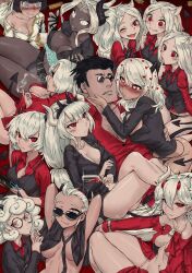  1boy 6+girls azazel_(helltaker) bare_legs beelzebub_(helltaker) black_skin breasts cerberus_(helltaker) cigarette cleavage colored_skin demon_girl demon_horns demon_tail glasses haraya_manawari harem helltaker helltaker_(character) highres horns judgement_(helltaker) justice_(helltaker) lucifer_(helltaker) malina_(helltaker) modeus_(helltaker) multiple_girls pandemonica_(helltaker) panties smile sunglasses tail thighs underwear white_hair zdrada_(helltaker) 