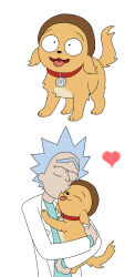  adult_swim brown_hair canid canine canis cartoon_network clothing coat domestic_dog duo hair heart_symbol hi_res hug human lab_coat male male/male mammal morty_smith rick_and_morty rick_sanchez rickxmortyseeds tongue tongue_out topwear 