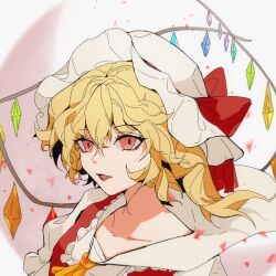  ascot blonde_hair blurry bow collarbone commentary crystal crystal_wings female flandre_scarlet floating_hair frilled_shirt_collar frilled_sleeves frills hat hat_bow highres looking_at_viewer mob_cap oerba_yun_fang one_side_up orange_ascot parted_lips puffy_sleeves red_bow red_eyes red_lips solo touhou upper_body white_hat wind wings yinggu 