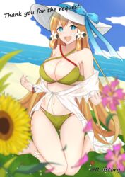  1girls alternate_costume ass_visible_through_thighs bare_shoulders beach bikini blonde_hair blue_eyes breasts commission female female_only fire_emblem fire_emblem_heroes green_bikini green_swimsuit hat highres large_breasts long_hair navel nintendo ocean official_alternate_costume open_mouth r_ifstory skeb_commission sun_hat swimsuit teeth upper_teeth_only ymir_(fire_emblem_heroes) ymir_(summer)_(fire_emblem_heroes) 