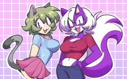  2000s :3 anthro_female artist_request black_jeans blue_shirt cat_ears cat_tail catgirl cute female_anthro female_focus female_only furry furry_female furry_only green_skin green_tail heterochromia light_skin melissa_mouffette mike_and_melissa no_sex not_porn nyan_neko_sugar_girls open_mouth pink_skirt posing posing_for_the_viewer purple_fur raku-chan red_eyes red_shirt remastered smiling smiling_at_viewer soapopera46 tail white_hair 