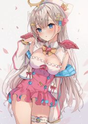  blue_eyes blush bow breasts brown_hair cleavage commission dress feathered_wings female hair_between_eyes hair_ornament halo hanahane_homari hand_up hat highres indie_virtual_youtuber jacket long_hair looking_at_viewer maruro medium_breasts off_shoulder open_clothes open_jacket parted_lips pink_dress pink_wings skeb_commission solo thigh_strap virtual_youtuber white_jacket wings 
