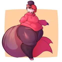  1boy 2023 artist_signature ass big_ass big_tail fluffy_tail fully_clothed furry gigantic_thighs hoodie huge_thighs kaizo_(character) kaizocns male male_focus oc one_eye_obstructed original original_character red_hair red_hoodie short_hair solo solo_focus stevest58244496 tail thick_thighs top_hat wide_hips 