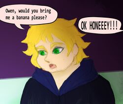    banana blonde_hair chubby chubby_male comic comic_page comic_panel couple fanart freckles green_eyes luxoh michael watching_tv 