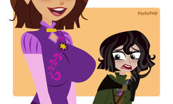  2girls big_breasts black_hair breast_awe breasts brown_hair busty cassandra_(tangled) disney disney_channel disney_princess dress eyes_out_of_frame female female_only fully_clothed green_eyes huge_breasts jealous large_breasts light-skinned_female lipstick looking_at_breasts open_mouth perky_breasts porkchop_(artist) purple_dress rapunzel short_hair tangled tangled:_the_series yuri 