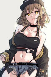  1girls anis_(nikke) bare_midriff bare_shoulders baseball_cap choker collarbone denim_shorts female fluffy_hair fully_clothed goddess_of_victory:_nikke hotpants jacket jacket_off_shoulders jacket_partially_removed kakuzato light_brown_hair medium_breasts midriff navel open_mouth short_hair short_shorts solo standing thong thong_above_shorts thong_panties thong_straps yellow_eyes 