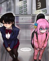  2girls anxiety ayaki777 black_iris blue_iris blush bocchi_the_rock! breasts elevator embarrassed formal_clothes gotou_hitori komi-san_wa_komyushou_desu komi_can&#039;t_communicate komi_shouko leggings looking_away_from_partner shy sweatdrop tracksuit voluptuous_female 