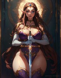  1girls 2023 ai_generated ai_hands big_breasts blue_eyes brown_hair clothed_female crown elegant elf elf_ears gold_jewelry jewelry long_hair ornament patreon_username pointy_ears princess_zelda skizzen sword symmetry the_legend_of_zelda thick thick_thighs tiara twilight_princess white_gloves wide_hips zelda_(twilight_princess) 