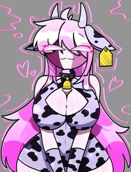  :3 bell_collar big_breasts big_butt blank_eyes collar collar_bell cow_bikini cow_ears cow_girl cow_horns cow_pattern cow_print_bikini cow_print_lingerie ear_tag friday_night_funkin grey_background hands_together heart long_gloves long_hair pink_hair
senjounogomii sarvente_(dokki.doodlez) sarvente_(friday_night_funkin) senjounogomii_(artist) white_eyes wide_hips 