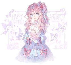  :d blue_dress blue_eyes blush bow brown_hair candle commentary_request cross detached_sleeves dress english_text engrish_text female hairbow happy_birthday head_tilt heart latin_cross linfi-muu long_hair long_sleeves looking_at_viewer open_mouth original puffy_long_sleeves puffy_sleeves ranguage side_ponytail sidelocks smile solo star_(symbol) striped striped_bow teeth upper_teeth_only 