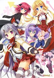  4girls absurdres armband blonde_hair blue_eyes chestnut_mouth fingerless_gloves gakuran gloves grey_hair grey_legwear hanasaki_work_spring highres kotobuki_hikari kuon_ayano light_purple_hair loafers long_sleeves low_twintails mary_janes moribe_(rabumanyo) multiple_girls official_art pantyhose pink_hair purple_eyes scarf school_uniform shiranui_inori shoes short_hair soramori_wakaba striped_clothes striped_thighhighs stuffed_animal stuffed_sheep stuffed_toy thighhighs twintails 