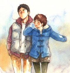  1boy black_hair brown_hair casual commentary_request couple earrings fashion female graphite_(medium) happy izumi_noa jewelry kidou_keisatsu_patlabor painting_(medium) pantyhose pantyhose_under_shorts shinohara_asuma short_hair shorts smile straight traditional_media ususionorisio watercolor_(medium) winter_clothes 