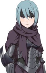  armor belka_(fire_emblem_if) blue_hair cloak female fire_emblem fire_emblem_if headband looking_at_viewer official_art short_hair simple_background solo 