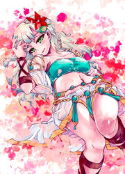  braid breasts cleric_(tree_of_savior) collarbone commentary_request covered_nipples female flower green_eyes hair_flower hair_ornament hand_in_own_hair jewelry large_breasts long_hair looking_at_viewer lying midriff navel open_mouth oracle_(tree_of_savior) rintos silver_hair single_braid solo tree_of_savior 