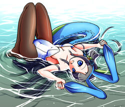  animal_ears black_hair blue_eyes commentary_request dragon_girl dragon_tail ebiko_ebi female fins head_fins highres karin_(p&amp;d) long_hair lying pantyhose playboy_bunny puzzle_&amp;_dragons rabbit_ears solo tail water 