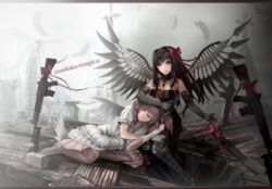  2girls akemi_homura akuma_homura argyle_clothes argyle_legwear assault_rifle bad_id bad_pixiv_id bare_shoulders bayonet black_dress black_hair boots dress duplicate gun hair_ribbon howa_type_89 kaname_madoka lap_pillow mahou_shoujo_madoka_magica mahou_shoujo_madoka_magica:_hangyaku_no_monogatari multiple_girls multiple_weapons pink_eyes planted_gun ramudayajirushi ribbon rifle spoilers thigh_boots thighhighs two_side_up ultimate_madoka weapon white_dress wings yellow_eyes 