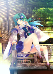  architecture baozi blue_eyes blush breasts commentary_request detached_sleeves east_asian_architecture eating female food frog_hair_ornament green_hair hair_ornament hair_tubes highres kochiya_sanae large_breasts long_hair moriya_shrine panties pantyshot petals photoshop_(medium) rope shimenawa shrine sitting skirt smile snake_hair_ornament solo touhou underwear usuusu white_panties 