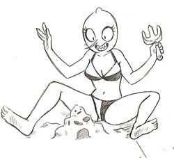  adventure_time bikini breasts candy_people_(at) cartoon_network cleavage clothed clothing elemental_creature female flora_fauna food food_creature food_humanoid fruit grey_background humanoid lady_lemongrab lemon_people living_fruit living_lemon monochrome not_furry plant simple_background solo swimwear unknown_artist 