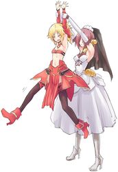  2girls :t armor blonde_hair breasts bridal_veil bride closed_eyes commentary_request covered_eyes detached_collar detached_sleeves dress elbow_gloves fate/apocrypha fate/grand_order fate_(series) faulds frankenstein&#039;s_monster_(fate) gloves headgear height_difference holding_another&#039;s_wrist horns lifting_person long_hair long_sleeves mechanical_horns mordred_(fate) mordred_(fate/apocrypha) mozu_(peth) multiple_girls parted_bangs pout red_footwear short_hair simple_background single_horn small_breasts standing strapless thighhighs tube_top veil wedding_dress white_background white_dress white_footwear white_gloves 