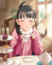  black_hair bus cafe cake car chair closed_eyes cup double-decker_bus elizabeth_tower facing_viewer female food fukuyama_mai hair_ornament idolmaster idolmaster_cinderella_girls indoors jam jpeg_artifacts lamppost london motor_vehicle official_art ponytail pov_across_table ramekin saucer scone scrunchie shawl sitting smile solo table tea tea_set tea_stand teacup teapot tiered_tray window winter_clothes 