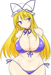  bad_id bad_pixiv_id bikini blonde_hair breasts choker cleavage female hat hat_ribbon highres large_breasts navel purple_bikini purple_eyes ribbon ribbon_choker solo swimsuit touhou wedge_(tyrl_stride) yakumo_yukari 