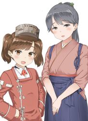  2girls black_hair brown_eyes brown_hair commentary_request cowboy_shot curry_soba hakama hakama_short_skirt hakama_skirt highres houshou_(kancolle) japanese_clothes kantai_collection kariginu kimono long_hair magatama multiple_girls ponytail ryuujou_(kancolle) short_hair skirt tasuki twintails upper_body visor_cap white_background 