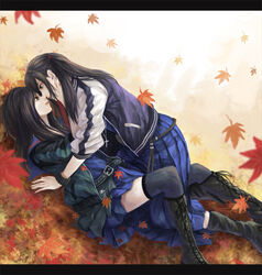  2girls akb48 autumn_leaves bad_id bad_pixiv_id belt black_(majisuka_gakuen) black_footwear black_hair blue_skirt boots brown_eyes cowgirl_position cross cross-laced_footwear cross_necklace gekikara_(majisuka_gakuen) hand_on_another&#039;s_face imminent_kiss jacket jewelry kacyu kneehighs lace-up_boots long_hair looking_at_another majisuka_gakuen multiple_girls necklace pants ponytail school_uniform serafuku ske48 skirt sleeves_pushed_up socks thighhighs track_jacket track_pants yuri 