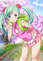  blue_eyes breasts cherry_blossoms cleavage_cutout clothing_cutout day earrings female green_hair hair_bobbles hair_ornament ikkitousen jewelry long_hair looking_at_viewer magatama magatama_earrings outdoors photoshop_(medium) see-through shokatsuryou_koumei small_breasts solo twintails 