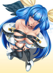  :o bare_shoulders black_thighhighs blue_hair breasts cleavage commentary_request dizzy_(guilty_gear) female from_above guilty_gear highres large_breasts long_hair md5_mismatch parted_lips red_eyes simple_background solo tama_(tamakaka1031) thighhighs very_long_hair white_background 